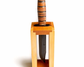 Engraved Ka-Bar Knife Display: Cherry Wood Military Knife Stand