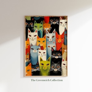 Pintura abstracta imprimible de gatos lindos, póster para amantes de los gatos, descarga digital instantánea