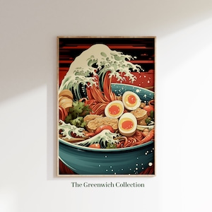 Japanese Ramen Bowl Printable Food Painting, Restaurant Decor, Retro Kitchen Wall Art, Printable Kitchen Poster, Digital Download