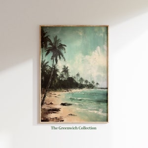 Vintage Printable Beach and Palm Trees Oil Painting, Antique Tropical Wall Decor, Instant Digital Download