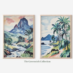 Tropische druckbare Vintage Palmen Aquarell Malerei, Hawaii Wanddekor, tropische Galerie Wandkunst, 2er Set, sofortiger digitaler Download