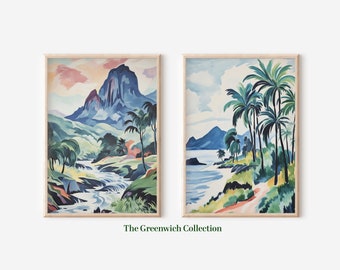 Tropical Printable Vintage Palm Trees Watercolor Painting, Hawaii Wall Decor, Tropical Gallery Wall Art, Set of 2, Instant Digital Download