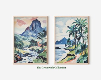 Tropical Printable Vintage Palm Trees Watercolor Painting, Hawaii Wall Decor, Tropical Gallery Wall Art, Set of 2, Instant Digital Download