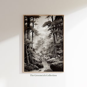 Japanese Printable Landscape Forest Wall Art, Antique Ink Art, Black and White Decor, Instant Digital Download
