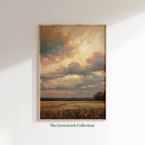 Printable Landscape Oil Painting, Rustic Antique Decor, Rural Flower Field Wall Art, Instant Digital Download