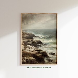 Printable Vintage Seascape Oil Painting, Neutral Wall Decor, Moody Ocean Painting, Maritime Coastal Poster, Instant Digital Download