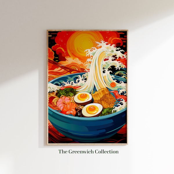 Japanische Ramen Schüssel Lebensmittel Gemälde, Restaurant Dekor, Retro Küche Wandkunst, druckbare Küche Poster, digitaler Download