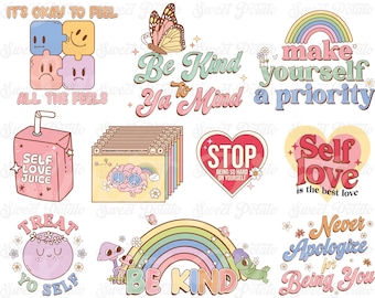 Paquete de sublimación PNG con cita de amor propio, paquete de sublimación PNG con cita de amor propio, paquete motivacional, amor propio retro. 10 archivos PNG