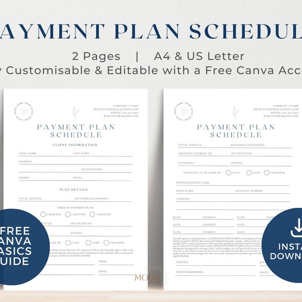 Payment Plan Template Canva | Payment Arrangement| Photography Forms | Small Business Form | Photography Contract | Payment Schedule | MSTC1