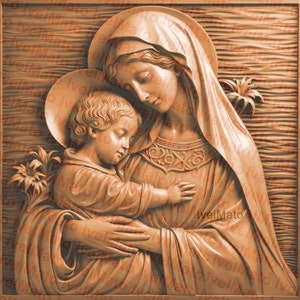 Maagd Maria en Jezus PNG | Digitaal ontwerp | Laserbrand PNG | Graveren | XTool | Gloedforge | Laserbrand PNG | 3D-houtgravure