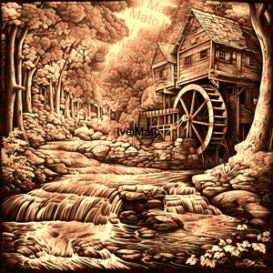 Grabado láser de molino de agua PNG / Diseño digital / Grabado láser PNG / Grabado / XTool / Glowforge / Lightburn / Grabado láser de paisaje