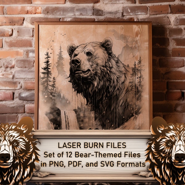 12 Bear Themed Images | Laser Ready | Digital Design | Engrave | XTool | Glowforge | Lightburn | Bear SVG and PDF Images | Set of 12