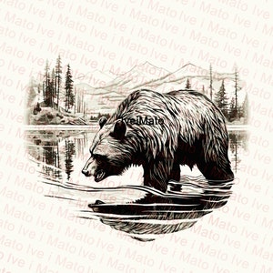 Grizzly Bear | Digital Design | Laser Engraving PNG | Engrave | XTool | Glowforge | Lightburn | Bear | Bear in Lake