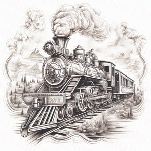 Grabado láser de locomotora vintage PNG / Diseño digital / XTool / Glowforge / Lightburn / Historia americana grabada / Locomotora láser SVG
