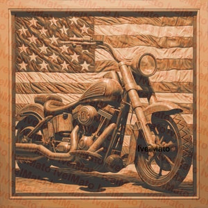 Laser Burn PNG | Amerykańska flaga i motocykl | Projekt cyfrowy | XTool | Glowforge | Lightburn | 3D Laser Burn | 3D grawerowanie drewna PNG
