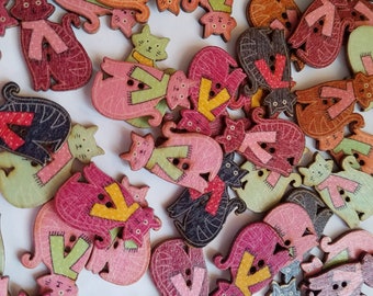 wooden mixed cat buttons,cat buttons,2 hole buttons,scrapbook,sewing,card making, button craft, wooden cat buttons, set of 10