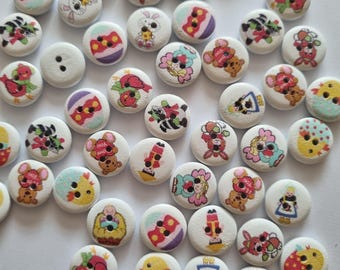 May include: Assortment of colorful wooden buttons with various Easter-themed designs, including chicks, bunnies, eggs, and other spring motifs.