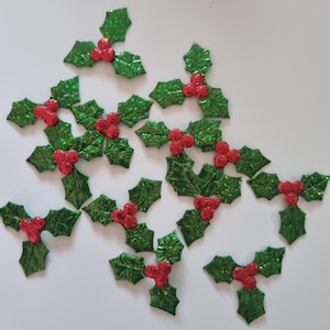 20 foglie di bacche di agrifoglio natalizie Tessuto Decorazione natalizia Forniture artigianali, artigianato natalizio, creazione di biglietti, scrapbooking, motivi di bacche di agrifoglio