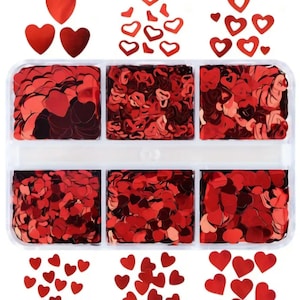 Mini corações vermelhos, corações em formato holográfico, nail art, resina, artesanato, fabricação de cartões, glitter em formato de coração, dia dos namorados, natal, caixa de 6 grades