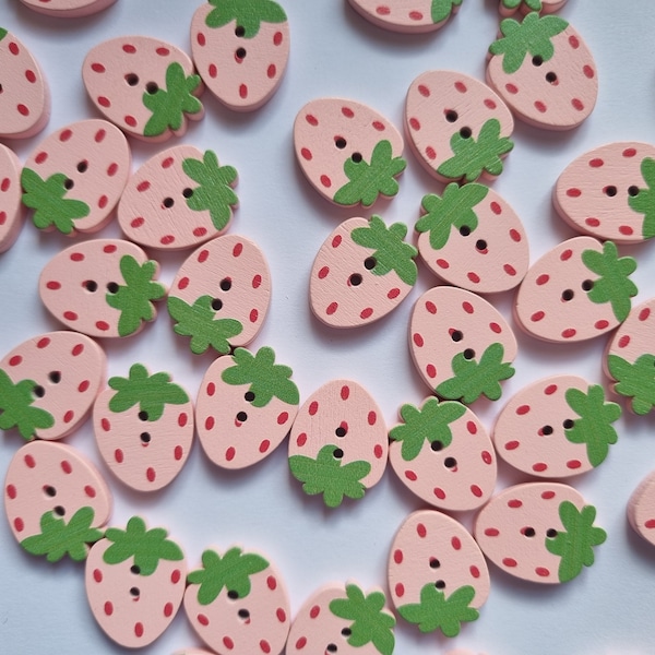 wooden strawberry buttons,strawberry buttons,2 hole buttons,scrapbook,sewing,card making, button craft,pink strawberry buttons,set of 8