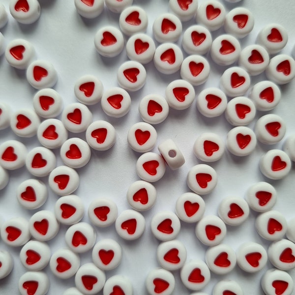 100 acrylic flat round heart beads 7mm,white with red heart beads,red heart spacer beads,love heart beads