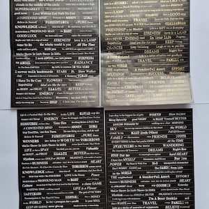 4 vellen woord- en zinstickerset, citaten stickervelpakket, journaling stickervellen, achterkant, wit, goudfolie stickerset