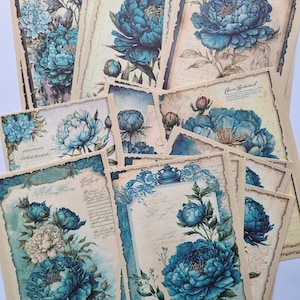 32 folhas de scrapbooking, papel material retrô para scrapbook, planejador de diário, artesanato, papel de fundos vintage para diário, flores azuis