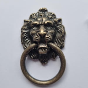 Könnte beinhalten: Antiker Türklopfer mit Löwenkopf aus Messing mit rundem Griff. Das Gesicht des Löwen ist detailliert mit einem wilden Ausdruck, Mähne und offenem Mund. Der Türklopfer ist aus Metall und auf einer weißen Oberfläche montiert.