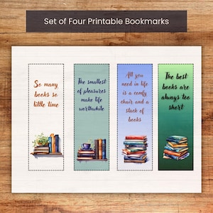 Set of Four Printable Bookmarks, Stacked Books, Sayings About Books