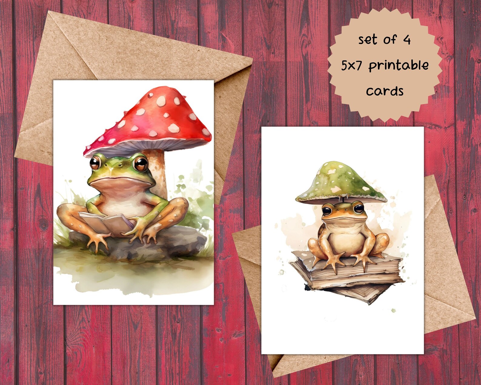 Frogs With Books Set of Four Designs Note Cards - 5x7 Printable - Blank ...