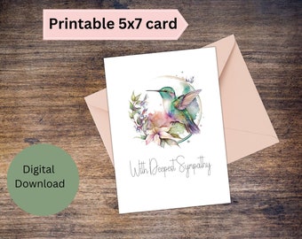 5x7 printable Hummingbird Sympathy Card - Blank Greeting Card -