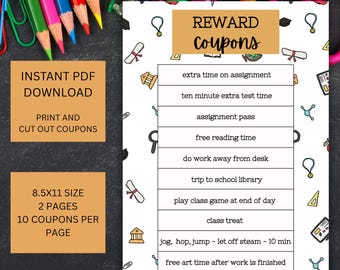 Op de afbeelding: Een afdrukbare PDF met beloningsbonnen. Het ontwerp bevat de tekst "REWARD coupons" en verschillende bonopties zoals "extra time on assignment" en "free reading time". Het document is 21,6 x 27,9 cm groot en bevat 10 bonnen per pagina.