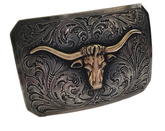 Silver King Longhorn Belt Buckle - Sterling Silver with 14k Gold - size 36” Ostrich Skin Belt