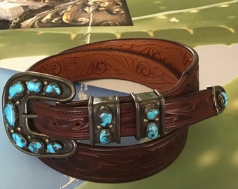 Joe Chee Navajo Ranger Set -Sterling Silver and Bisbee Turquoise on Seidel Saddlery Hand Engraved Tapered Belt