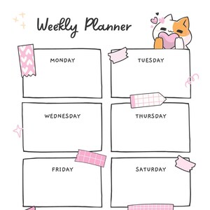 May include: A white weekly planner with black outlines, featuring the text "Weekly Planner." Each day of the week is labeled in a rectangular box. Decorative elements include pink washi tape, cat illustrations, and star accents.