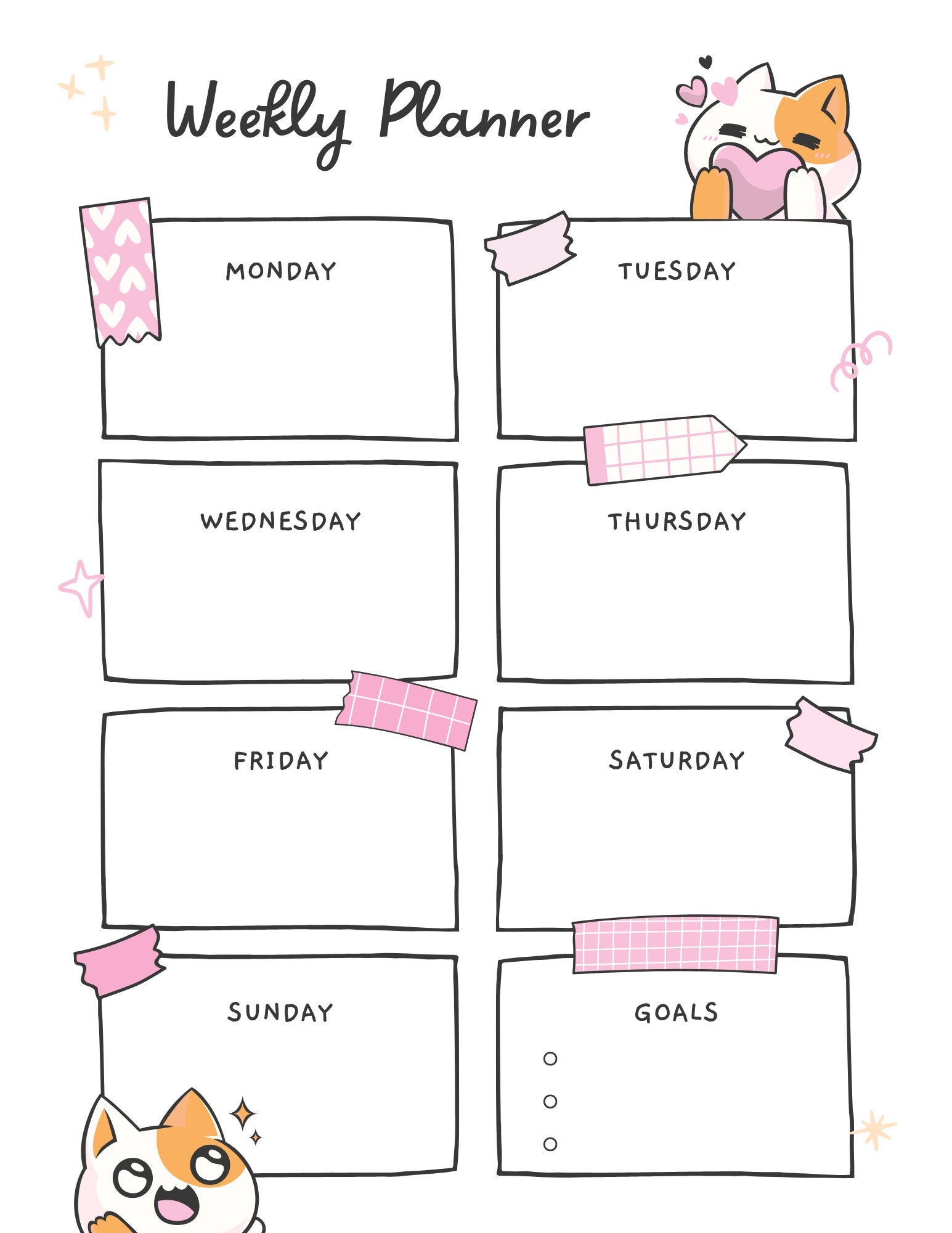Digital Weekly Planner, Printable Planner, Weekly Schedule, Cute Cat Planner