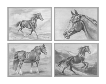 Antique Horse Sketch Drawing Set Of 4 | Minimalist Neutral Wall Art Equestrian Print, Rustic Fine Art Horse Etching Drawing Animal Painting