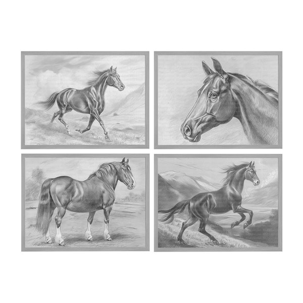 Antique Horse Sketch Drawing Set Of 4 | Minimalist Neutral Wall Art Equestrian Print, Rustic Fine Art Horse Etching Drawing Animal Painting