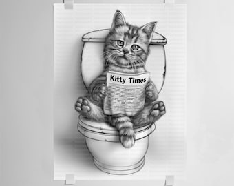 Funny Bathroom Wall Art, Cat Sketch for Bathroom Print, Monochrome Guest Bathroom Sketch Drawing Poster, Minimalist Animal on Toilet Decor