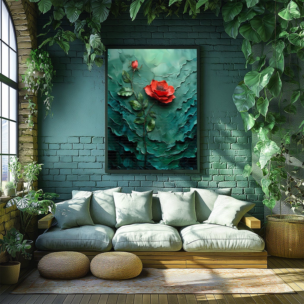 Abstract Painting With Red Rose in the Style of Dark Emerald Textured ...