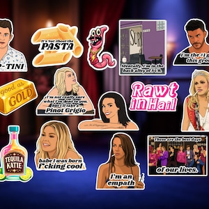 May include: A collection of colorful stickers featuring cartoon illustrations and text. The stickers include phrases like "Pump-Tini," "Good as Gold," and "Tequila Katie." Other stickers depict people and humorous quotes.