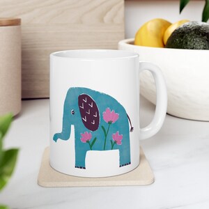Floral Elephant Mug, Free Shipping, Gift for Elephant Lovers, Coffee/Tea Cup, Elephant Gift, Fun Kid Gift, Whimsical Art by Sonja