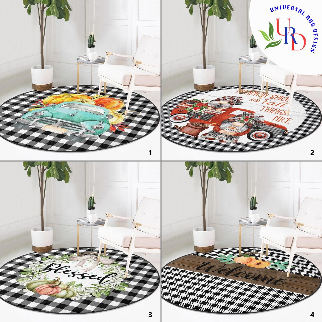 Round Autumn Rug Fall Truck Round Rug|autumn Round Carpet|pumpkin Print Circle Rug|retro ...