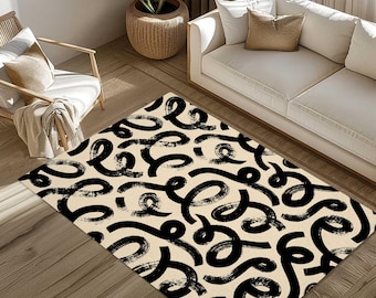 Abstract Brushstroke Beige Rug|Modern Artistic Carpet|Black Swirl Pattern Floor Mat|Contemporary Living Room Decor