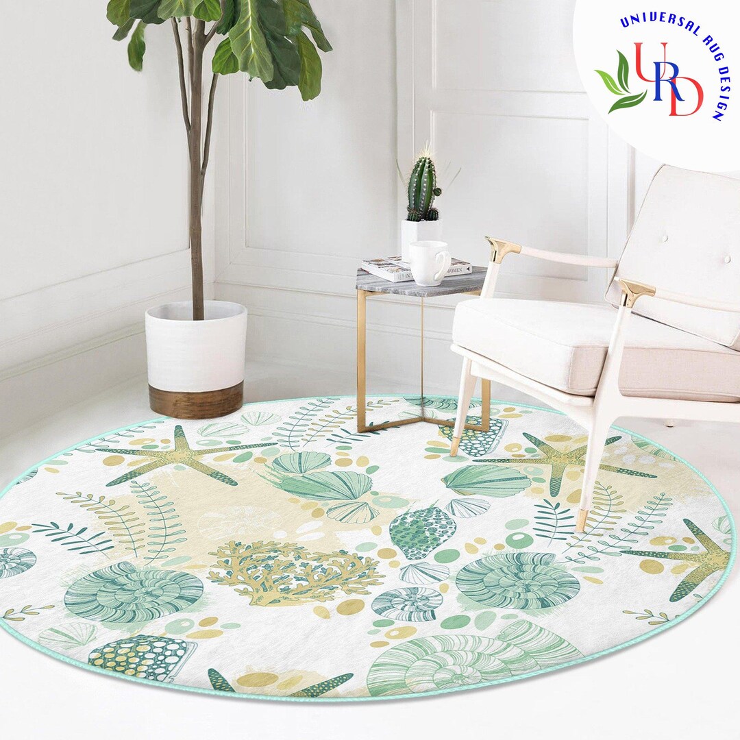 Beach House Circle Rug|non-slip Round Carpet|beige Turquoise Starfish ...