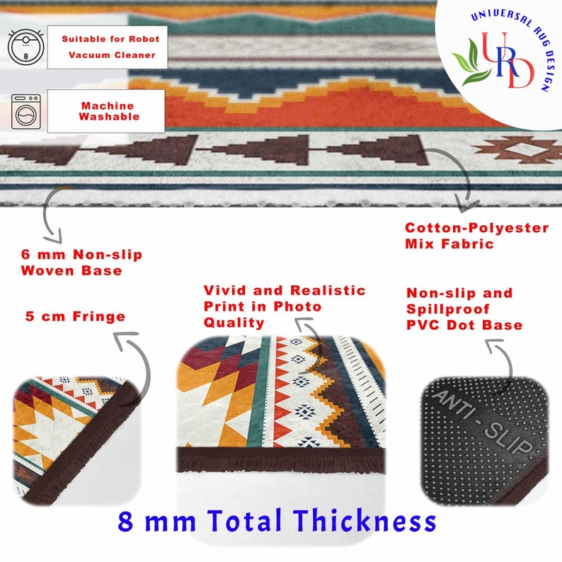 May include: A colorful geometric patterned rug with a brown fringe. The rug has a 6 mm non-slip woven base, a 5 cm fringe, and a 2 mm PVC dot base for a total thickness of 8 mm. The rug is machine washable and suitable for robot vacuum cleaners. The rug is made of a cotton-polyester mix fabric.
