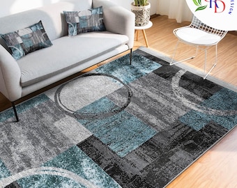 Gray Blue Elegant Rug|Modern Art Decor Carpet|Machine-Washable Fringed Non-Slip Mat|Abstract Style Multi-Task Anti-Slip Rug|Living Room Rug
