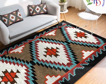 Southwestern Carpet|Rug Design Carpet|Rustic Pattern Machine-Washable Non-Slip Rug|Aztec Fringed Anti-Slip Floor Mat|Ethnic Geometric Decor