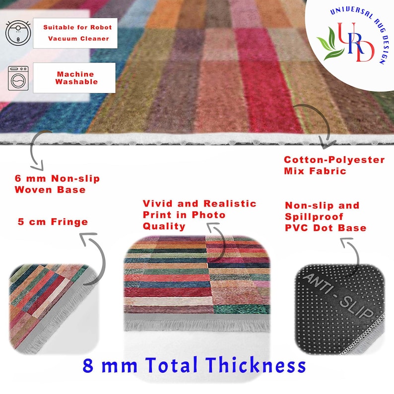 May include: A colorful rectangular rug with a geometric pattern. The rug has a 6 mm non-slip woven base, a 5 cm fringe, and a 8 mm total thickness. The rug is made of cotton and polyester and is machine washable.