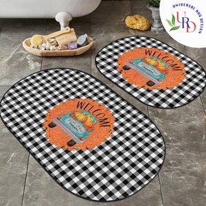 Set van 2 badmatten herfst|Antislip badkamermat|Keukenvloermat met pompoenprint|Geruit herfstbadtapijt|Ovaal douche- en entreetapijt